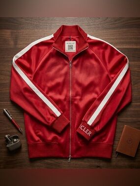 Moncler Red Track-Style Bomber Jacket with White Stripes